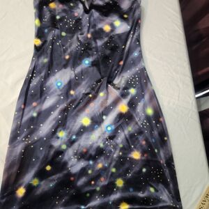 Vtg 90s California Concepts Galaxy Print Mini Dress Y2K Celestial Bodycon Med